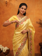 Royal Mustard Yellow Banarasi Silk Saree with Peacock Floral Embroidered Border & Zari Weaving | Festive Wedding Wear Designer Saree