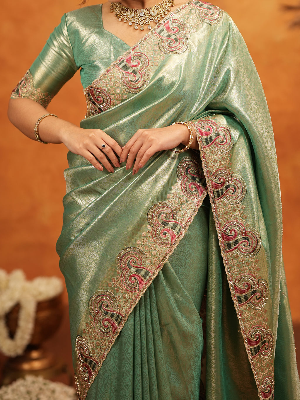 Sea Green Banarasi Silk Embroidered Saree with Paisley Border & Zari Weaving | Heavy Embroidered Blouse with Tassels | Wedding & Festive Wear Saree