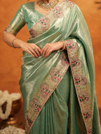 Sea Green Banarasi Silk Embroidered Saree with Paisley Border & Zari Weaving | Heavy Embroidered Blouse with Tassels | Wedding & Festive Wear Saree