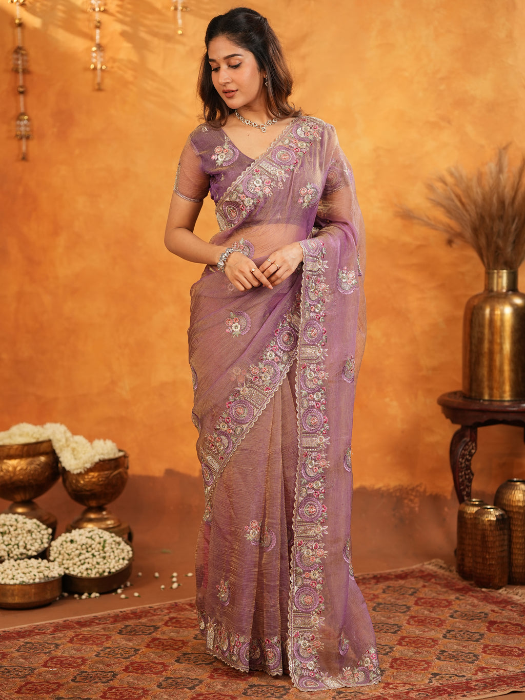 Lavender Mauve Fendy Satin Embroidered Saree with Multicolor Floral Border & Tassels | Premium Designer Saree with Heavy Embroidered Blouse