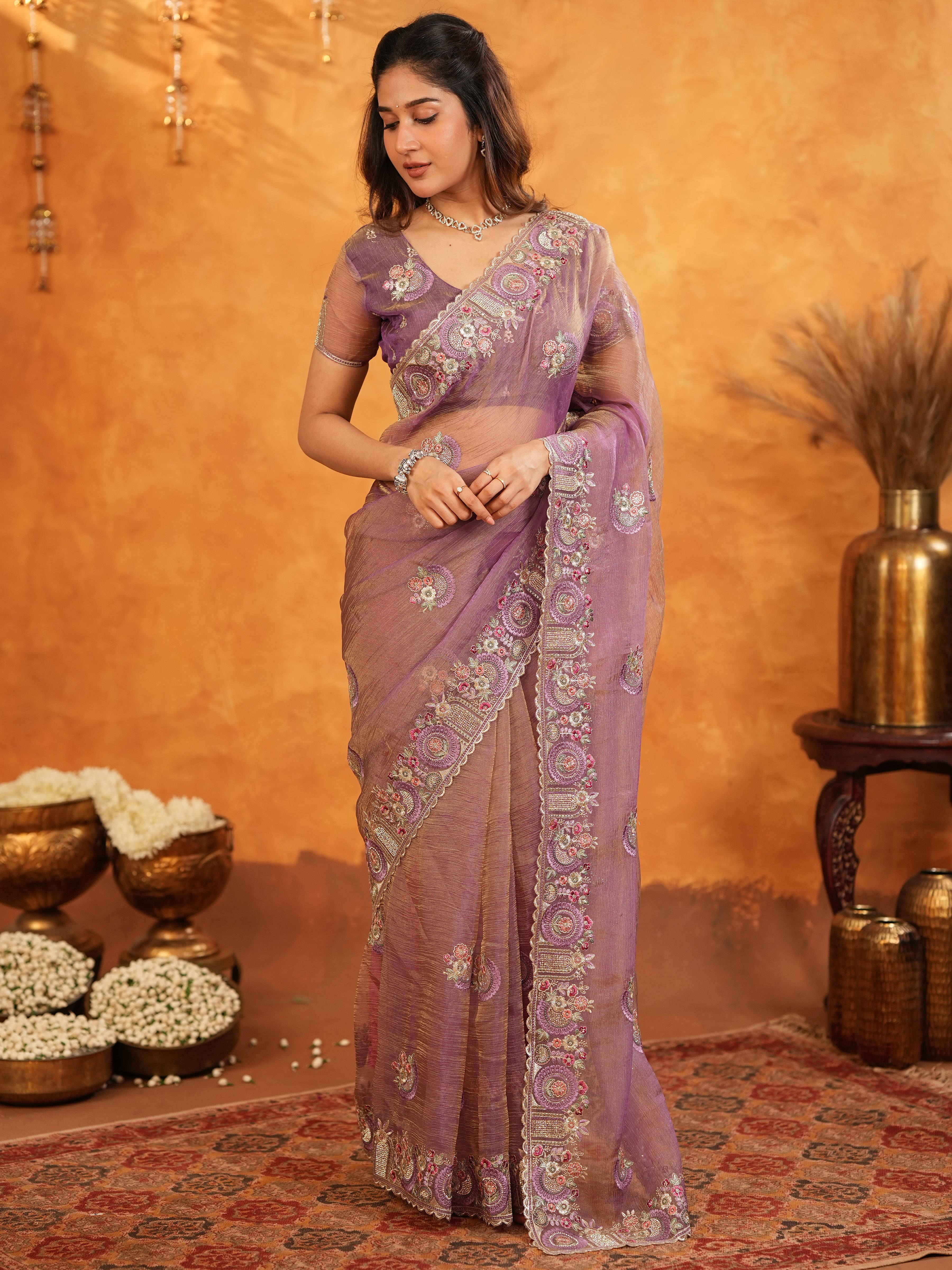 Lavender Mauve Fendy Satin Embroidered Saree with Multicolor Floral Border & Tassels | Premium Designer Saree with Heavy Embroidered Blouse