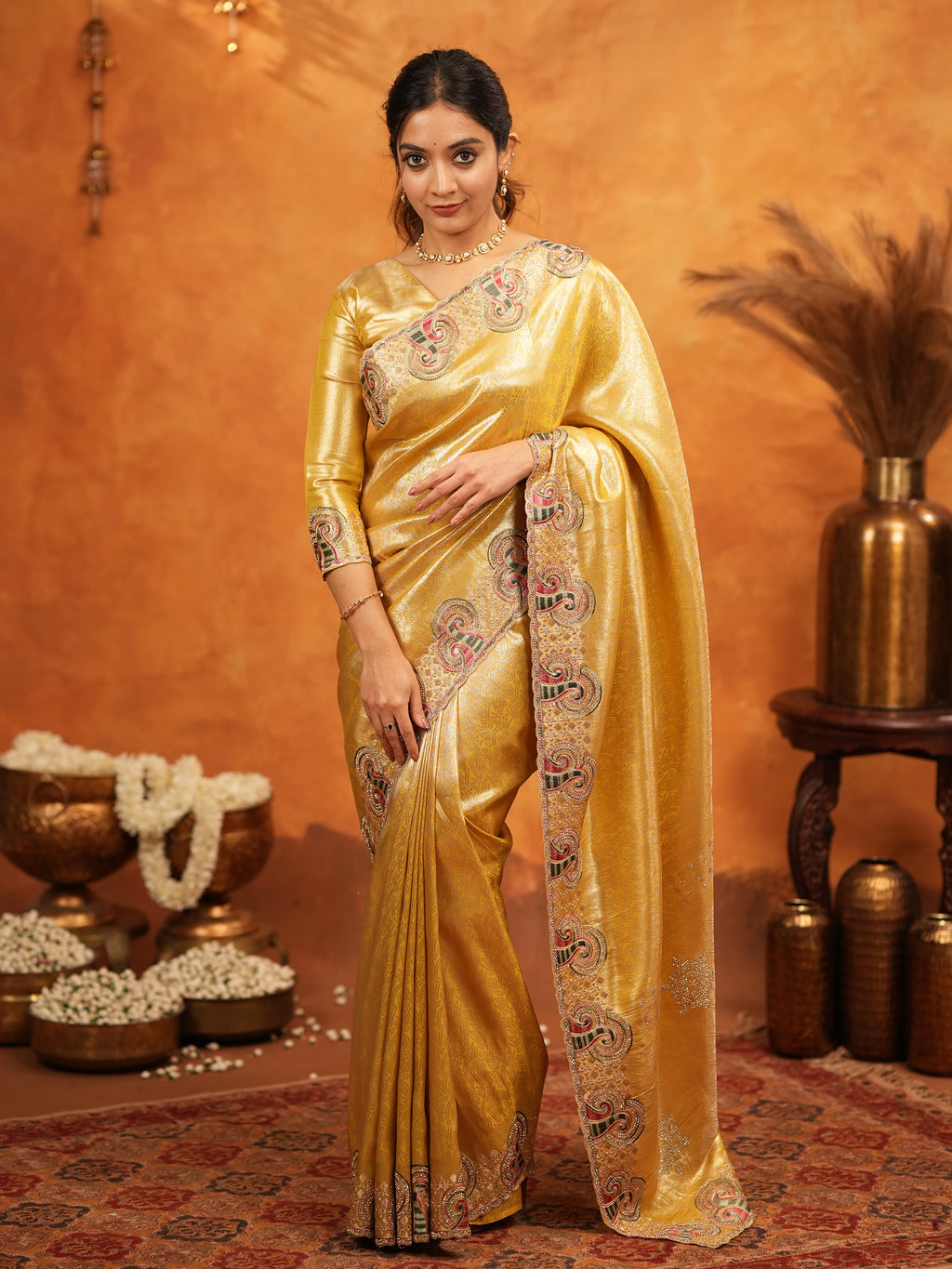 Golden Yellow Banarasi Silk Embroidered Saree with Paisley Border & Zari Weaving | Heavy Embroidered Blouse with Tassels | Wedding & Festive Wear Saree