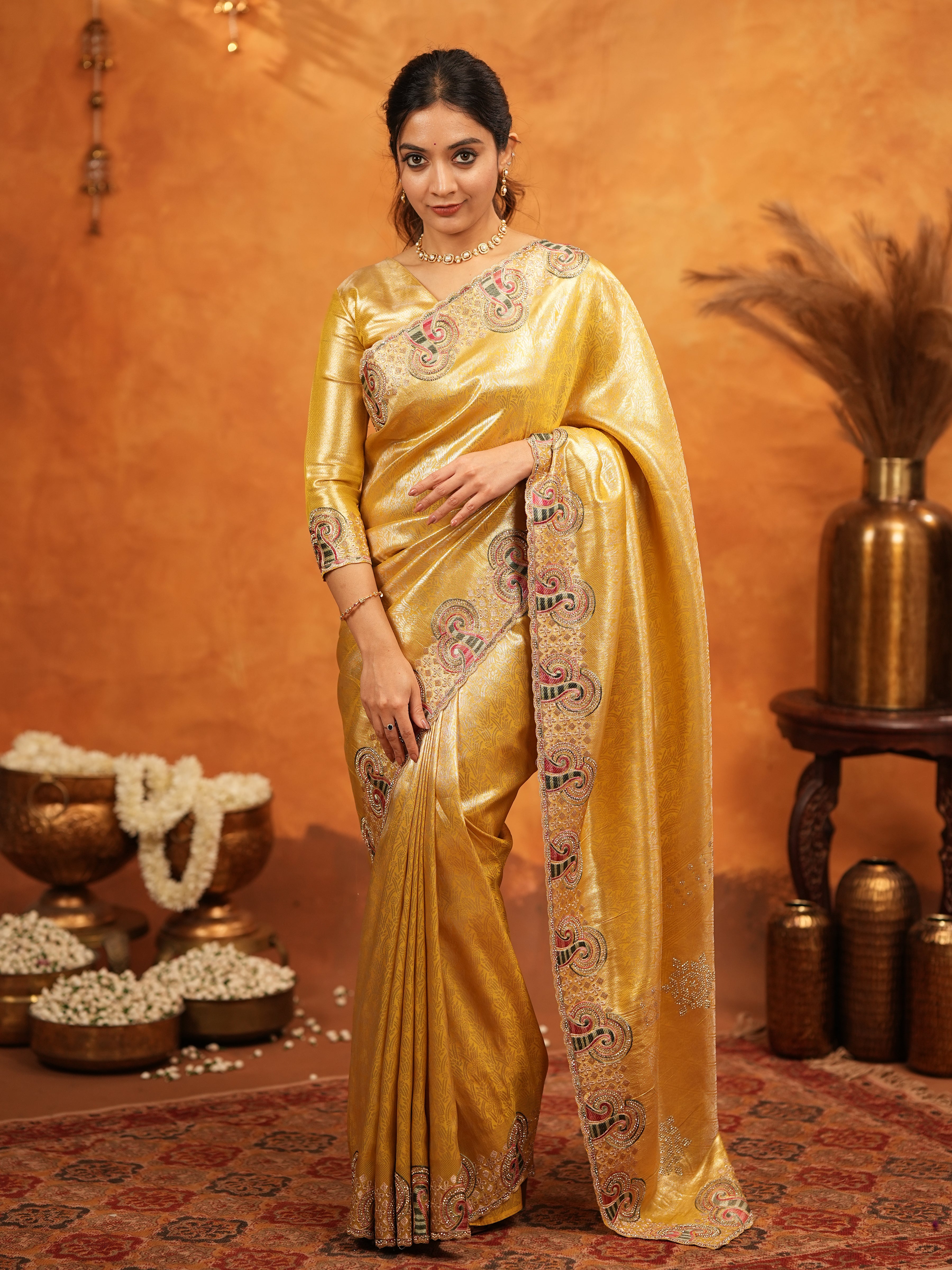 Golden Yellow Banarasi Silk Embroidered Saree with Paisley Border & Zari Weaving | Heavy Embroidered Blouse with Tassels | Wedding & Festive Wear Saree