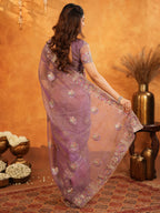Lavender Mauve Fendy Satin Embroidered Saree with Multicolor Floral Border & Tassels | Premium Designer Saree with Heavy Embroidered Blouse