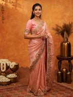 Soft Peach Pink Banarasi Silk Saree with Multicolor Peacock Floral Embroidered Border & Zari Weaving | Elegant Festive Wedding Wear Saree