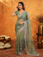 Teal Green Fendy Satin Embroidered Saree with Multicolor Floral Border & Tassels | Premium Designer Saree with Heavy Embroidered Blouse