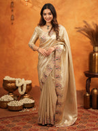 Champagne Gold Banarasi Silk Embroidered Saree with Paisley Border & Zari Weaving | Heavy Embroidered Blouse with Tassels | Wedding & Festive Wear Saree
