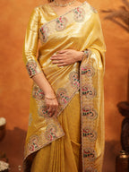 Golden Yellow Banarasi Silk Embroidered Saree with Paisley Border & Zari Weaving | Heavy Embroidered Blouse with Tassels | Wedding & Festive Wear Saree