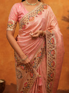 Soft Peach Pink Banarasi Silk Saree with Multicolor Peacock Floral Embroidered Border & Zari Weaving | Elegant Festive Wedding Wear Saree