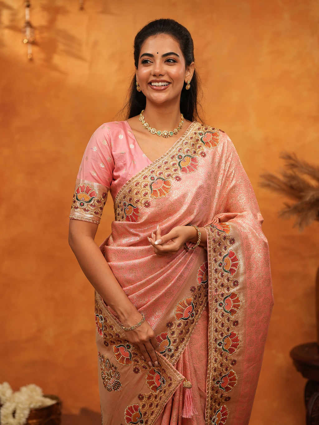 Soft Peach Pink Banarasi Silk Saree with Multicolor Peacock Floral Embroidered Border & Zari Weaving | Elegant Festive Wedding Wear Saree