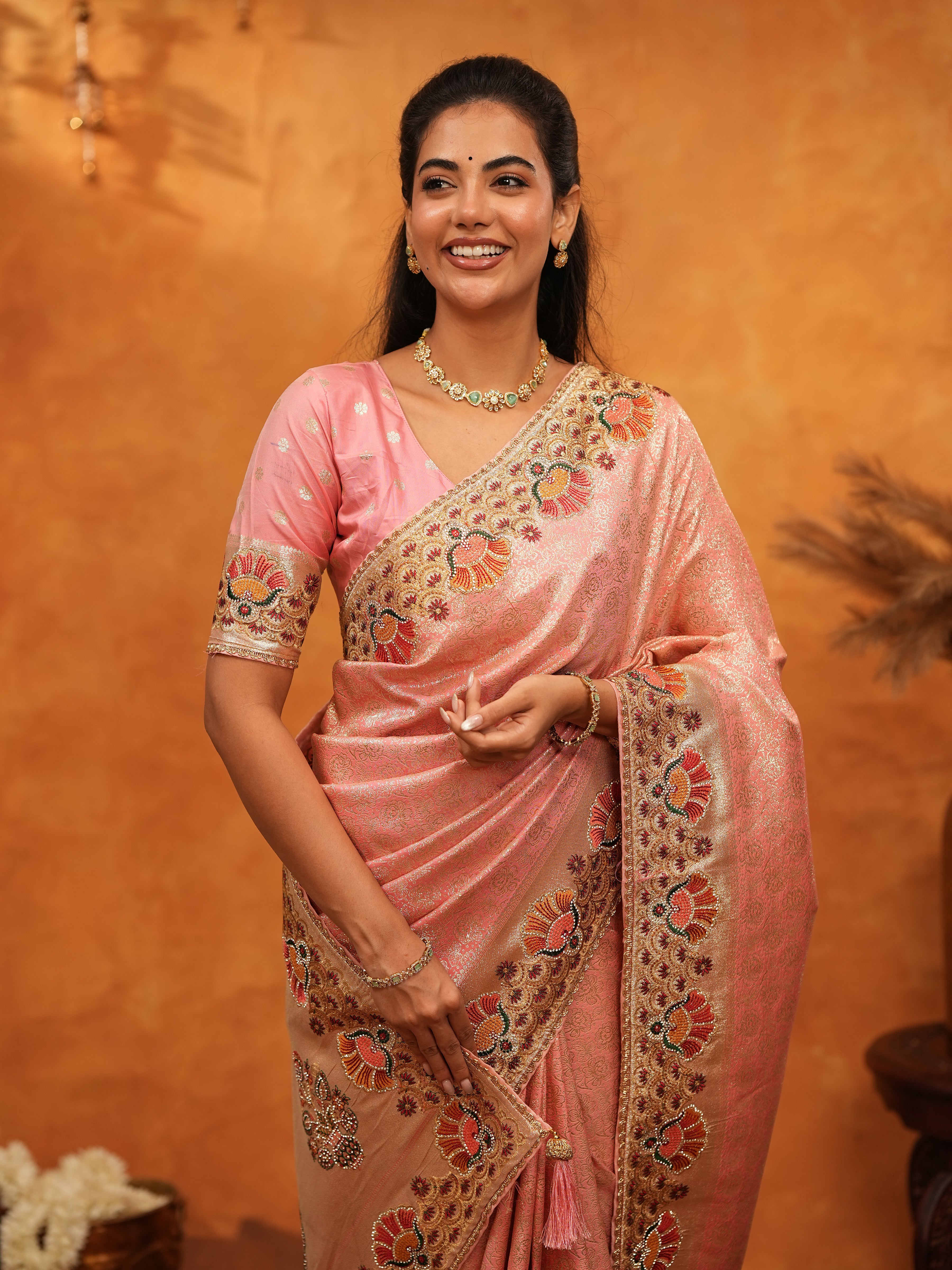 Soft Peach Pink Banarasi Silk Saree with Multicolor Peacock Floral Embroidered Border & Zari Weaving | Elegant Festive Wedding Wear Saree