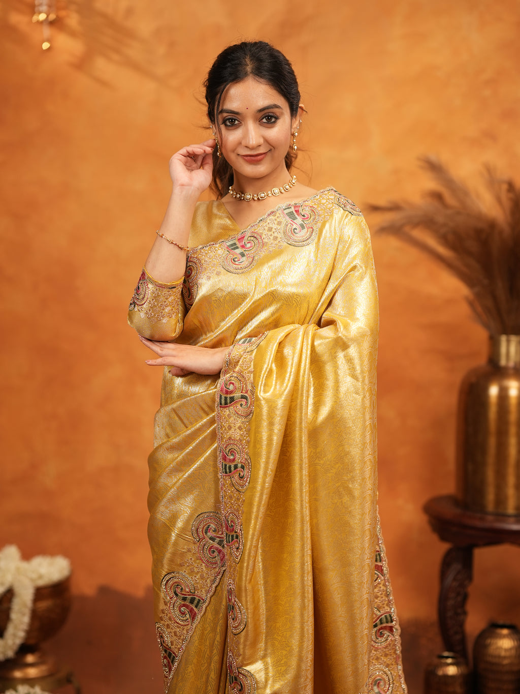 Golden Yellow Banarasi Silk Embroidered Saree with Paisley Border & Zari Weaving | Heavy Embroidered Blouse with Tassels | Wedding & Festive Wear Saree