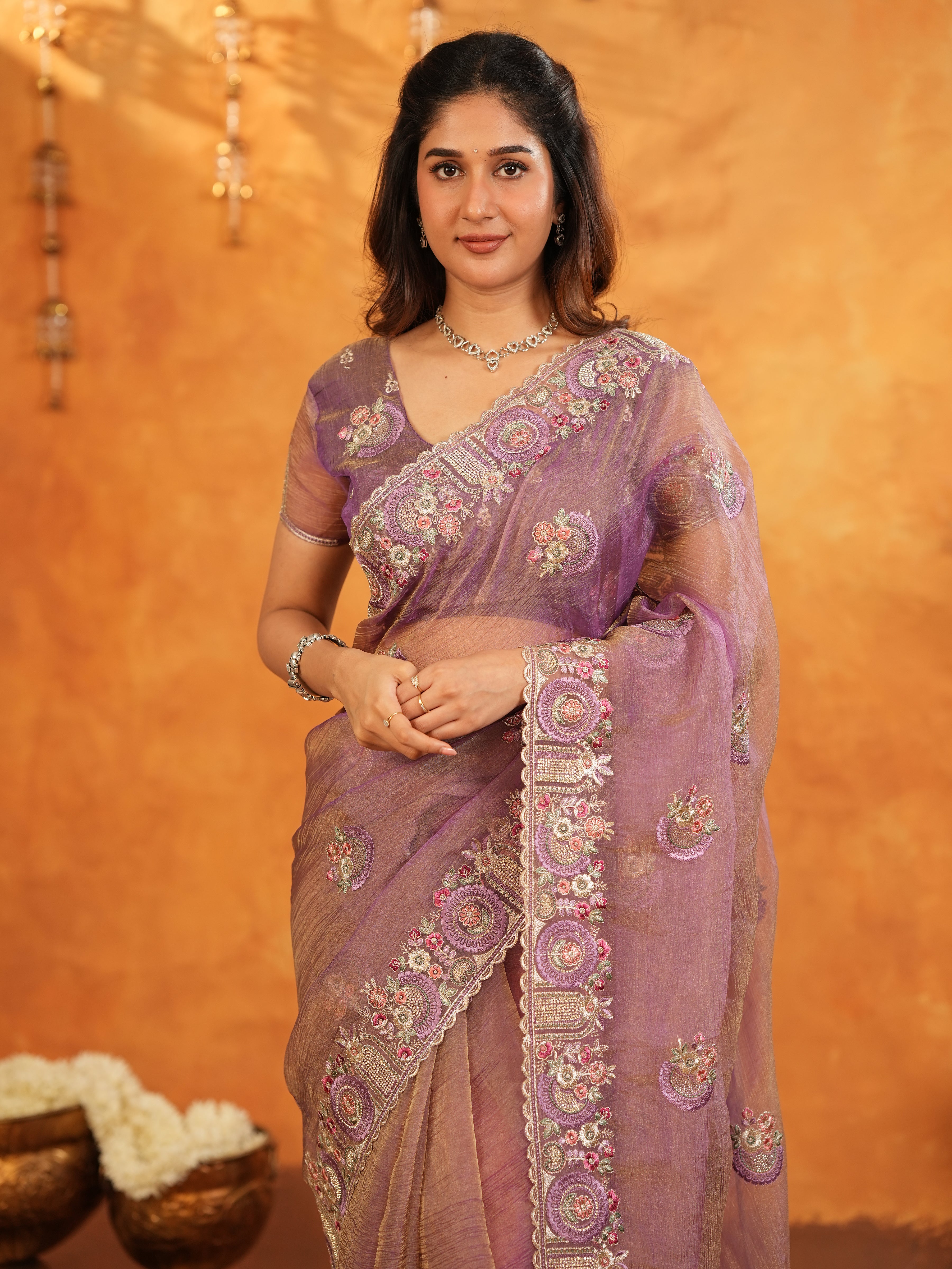 Lavender Mauve Fendy Satin Embroidered Saree with Multicolor Floral Border & Tassels | Premium Designer Saree with Heavy Embroidered Blouse