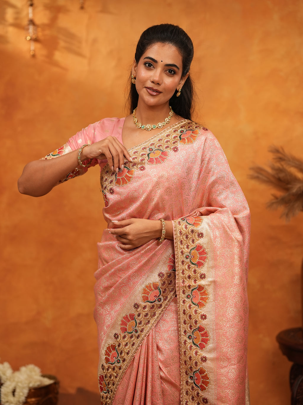 Soft Peach Pink Banarasi Silk Saree with Multicolor Peacock Floral Embroidered Border & Zari Weaving | Elegant Festive Wedding Wear Saree