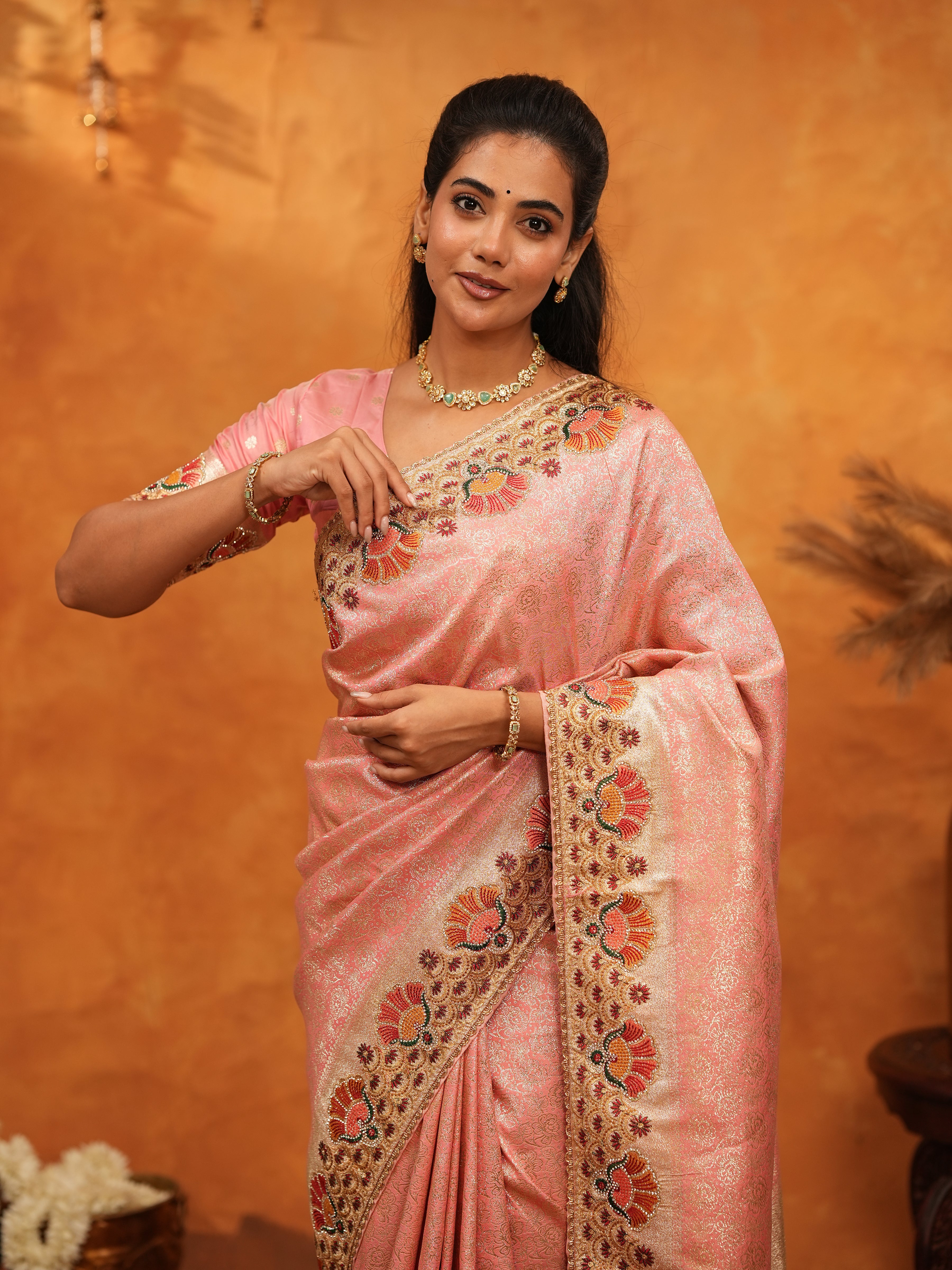 Soft Peach Pink Banarasi Silk Saree with Multicolor Peacock Floral Embroidered Border & Zari Weaving | Elegant Festive Wedding Wear Saree