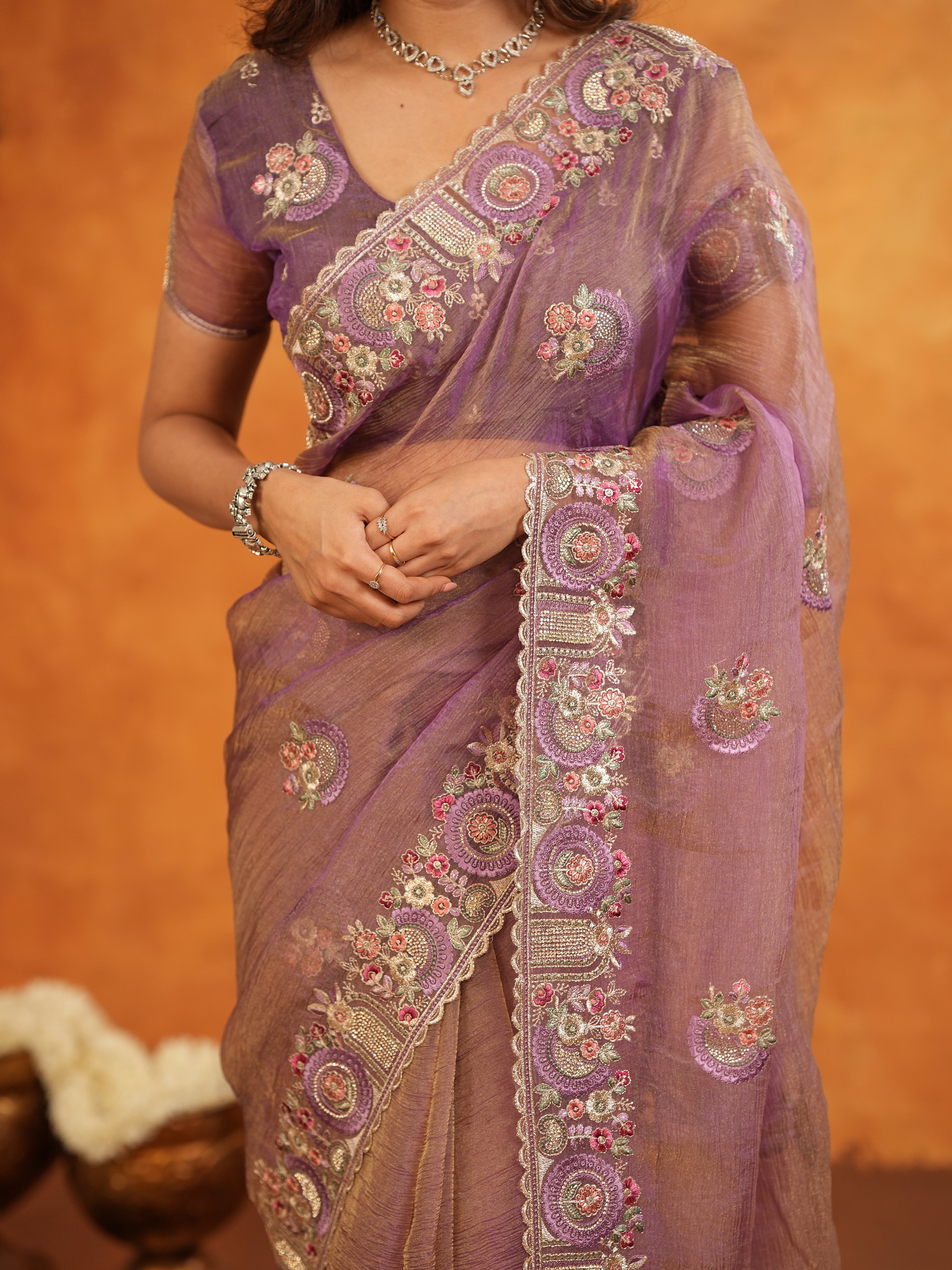 Lavender Mauve Fendy Satin Embroidered Saree with Multicolor Floral Border & Tassels | Premium Designer Saree with Heavy Embroidered Blouse