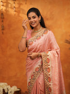 Soft Peach Pink Banarasi Silk Saree with Multicolor Peacock Floral Embroidered Border & Zari Weaving | Elegant Festive Wedding Wear Saree