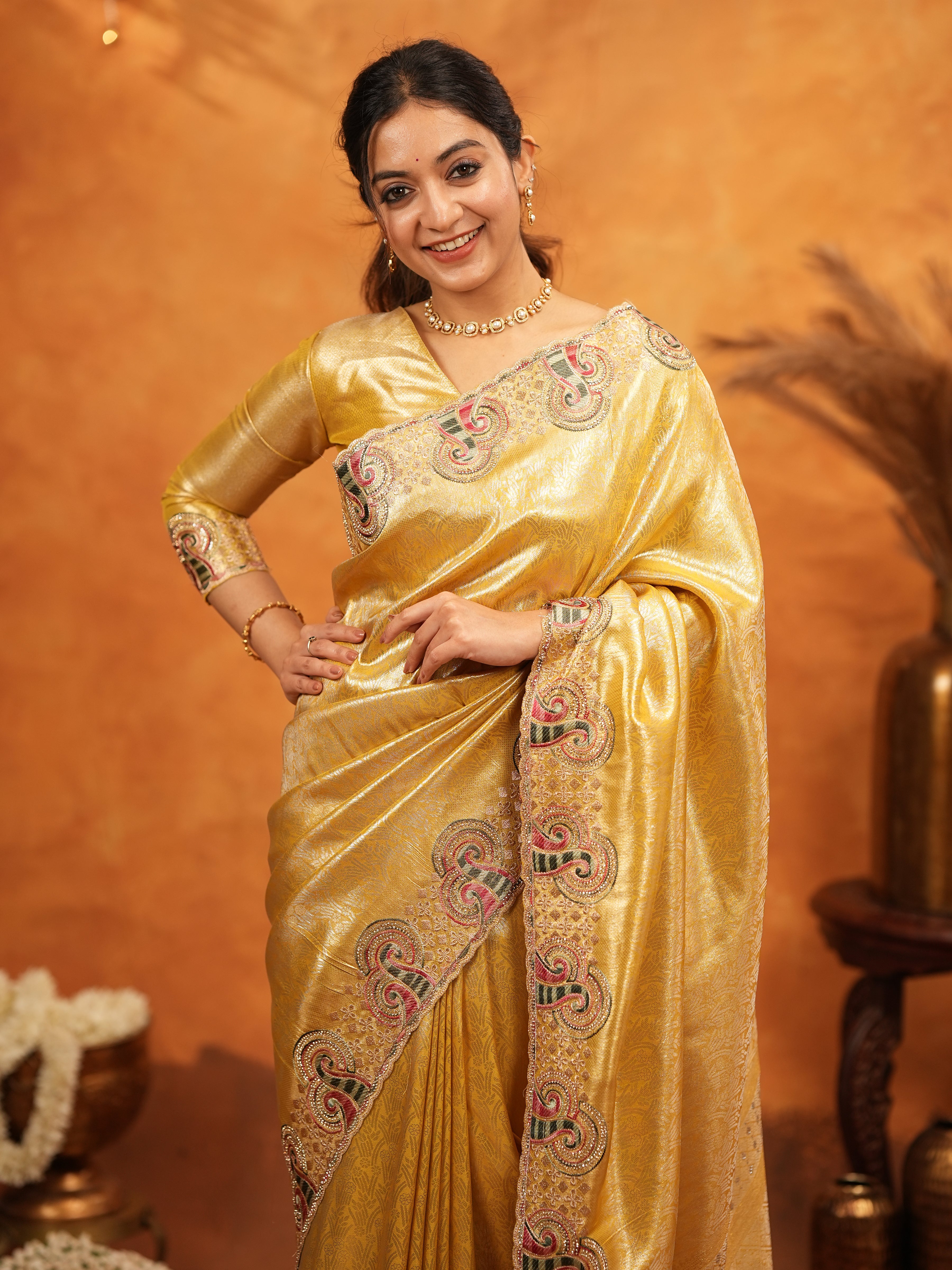 Golden Yellow Banarasi Silk Embroidered Saree with Paisley Border & Zari Weaving | Heavy Embroidered Blouse with Tassels | Wedding & Festive Wear Saree