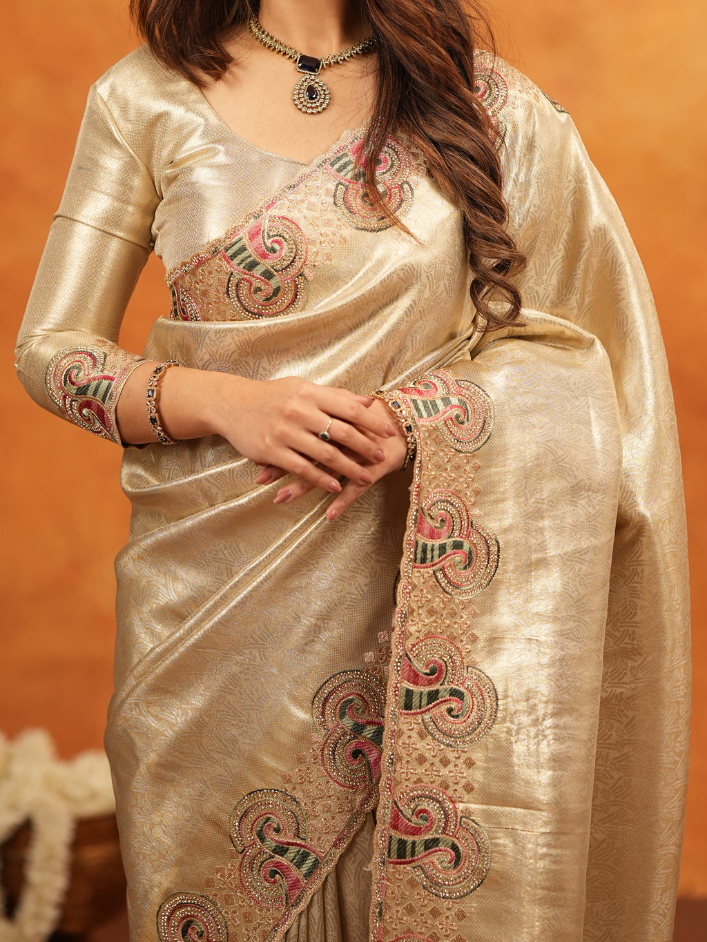 Champagne Gold Banarasi Silk Embroidered Saree with Paisley Border & Zari Weaving | Heavy Embroidered Blouse with Tassels | Wedding & Festive Wear Saree