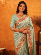 Mint Green Banarasi Silk Saree with Peacock Floral Embroidered Border & Zari Weaving | Elegant Festive & Wedding Wear Designer Saree