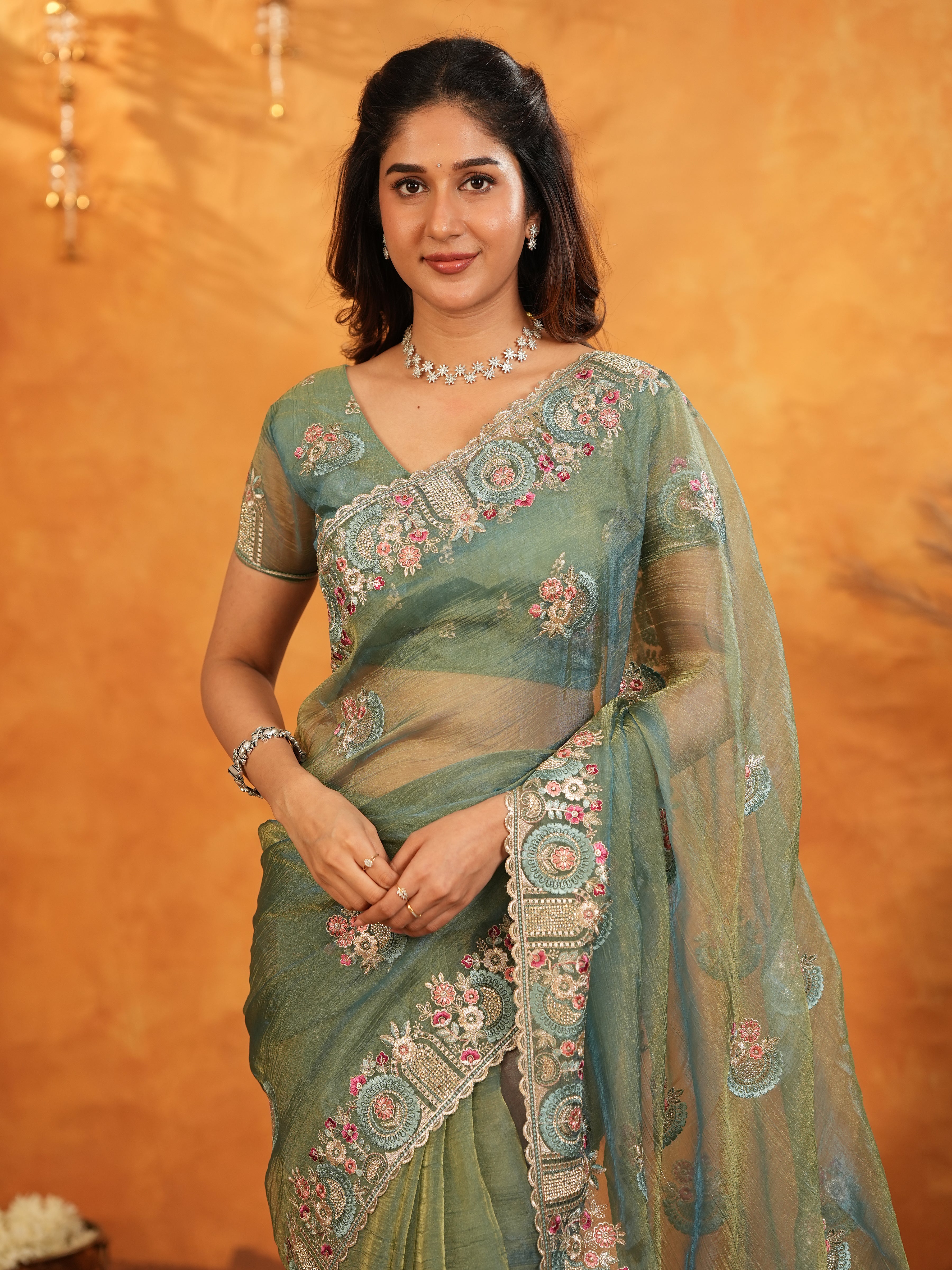 Teal Green Fendy Satin Embroidered Saree with Multicolor Floral Border & Tassels | Premium Designer Saree with Heavy Embroidered Blouse