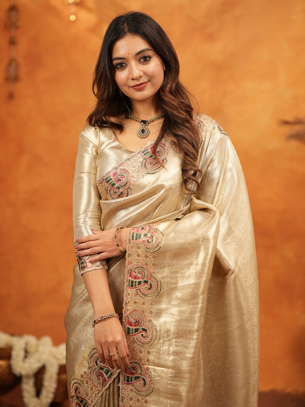 Champagne Gold Banarasi Silk Embroidered Saree with Paisley Border & Zari Weaving | Heavy Embroidered Blouse with Tassels | Wedding & Festive Wear Saree