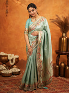 Mint Green Banarasi Silk Embroidered Saree with Multicolor Floral Border & Zari Weaving | Heavy Embroidered Blouse with Tassels | Wedding & Festive Wear Saree