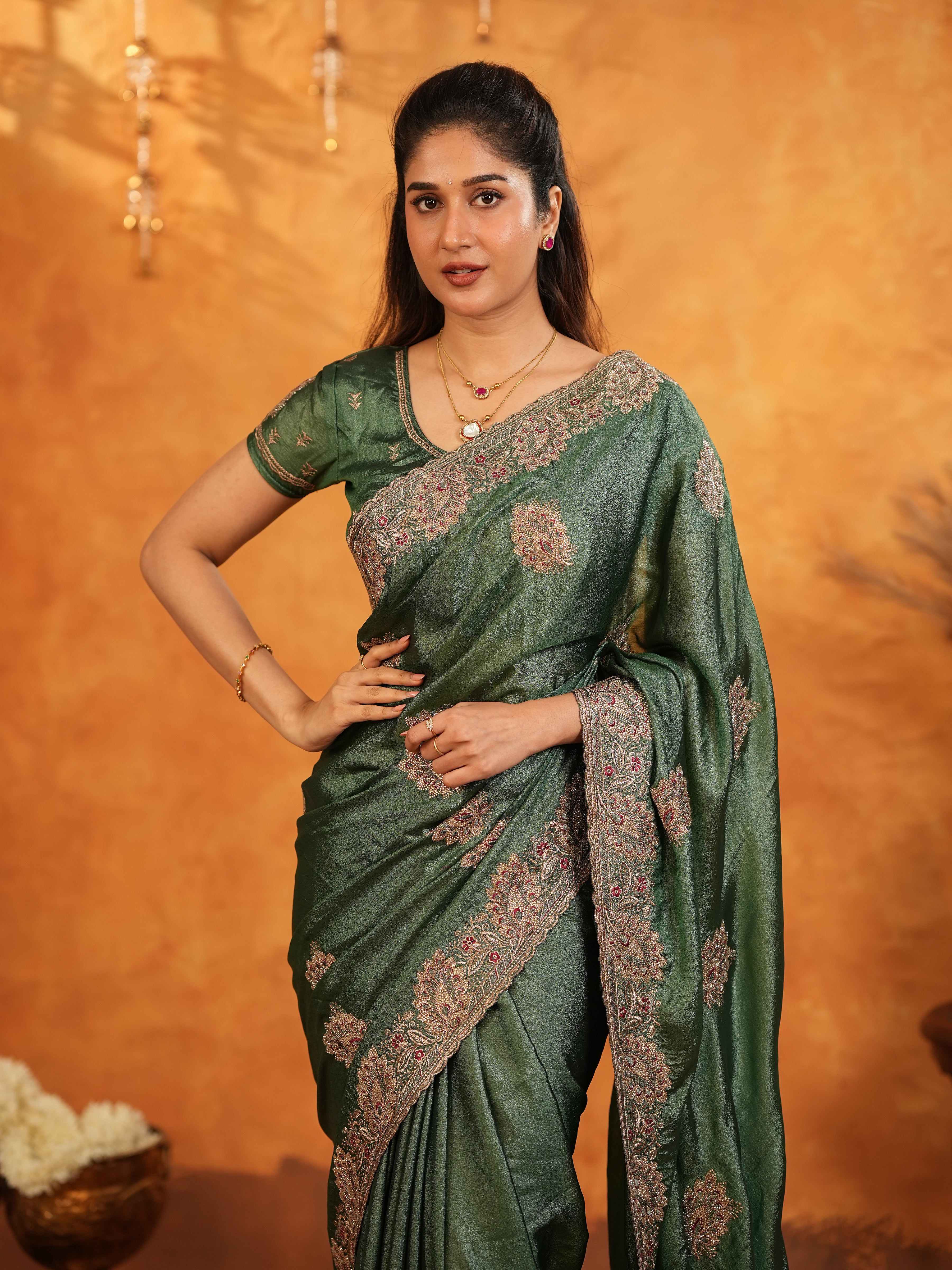 Bottle Green Fendy Satin Embroidered Saree with Intricate Floral Border & Tassels | Designer Saree with Heavy Embroidered Blouse