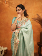Mint Green Banarasi Silk Embroidered Saree with Multicolor Floral Border & Zari Weaving | Heavy Embroidered Blouse with Tassels | Wedding & Festive Wear Saree