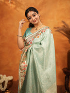 Mint Green Banarasi Silk Embroidered Saree with Multicolor Floral Border & Zari Weaving | Heavy Embroidered Blouse with Tassels | Wedding & Festive Wear Saree