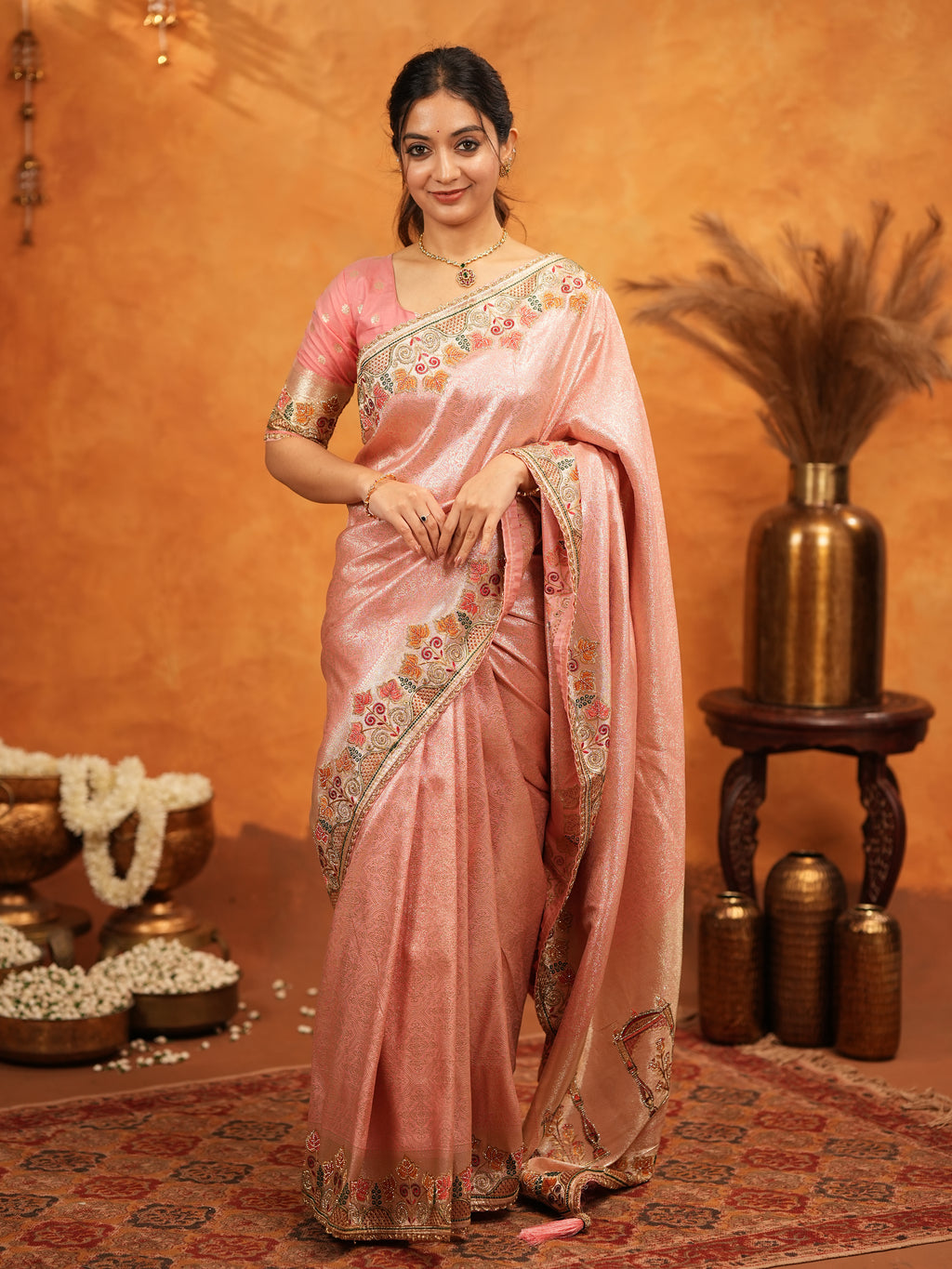 Blush Pink Banarasi Silk Embroidered Saree with Multicolor Floral Border & Zari Weaving | Heavy Embroidered Blouse with Tassels | Wedding & Festive Wear Saree