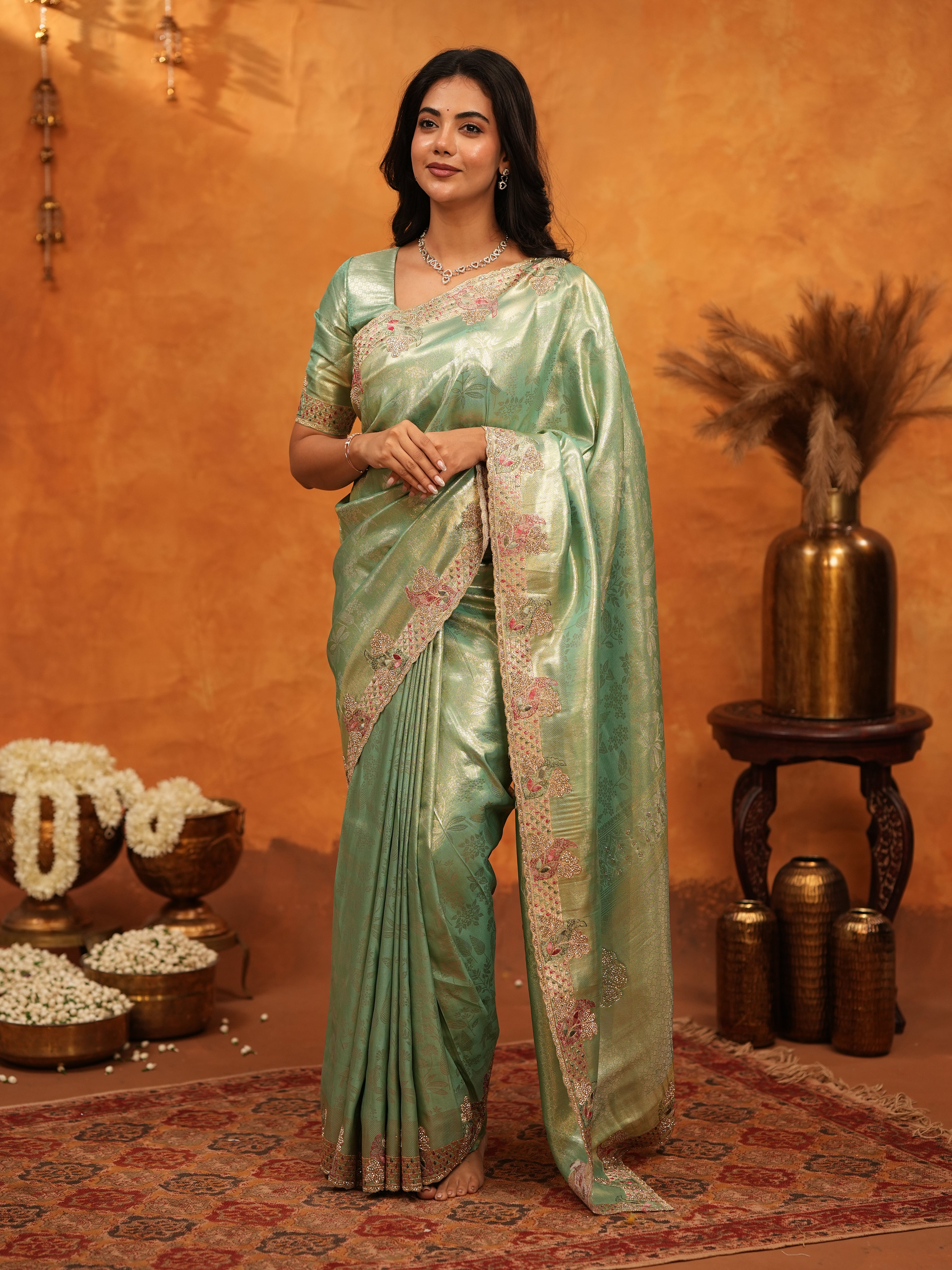 Elegant Mint Green Banarasi Silk Saree with Floral Embroidered Border & Zari Weaving | Designer Festive & Wedding Wear Saree