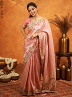 Blush Pink Banarasi Silk Embroidered Saree with Multicolor Floral Border & Zari Weaving | Heavy Embroidered Blouse with Tassels | Wedding & Festive Wear Saree