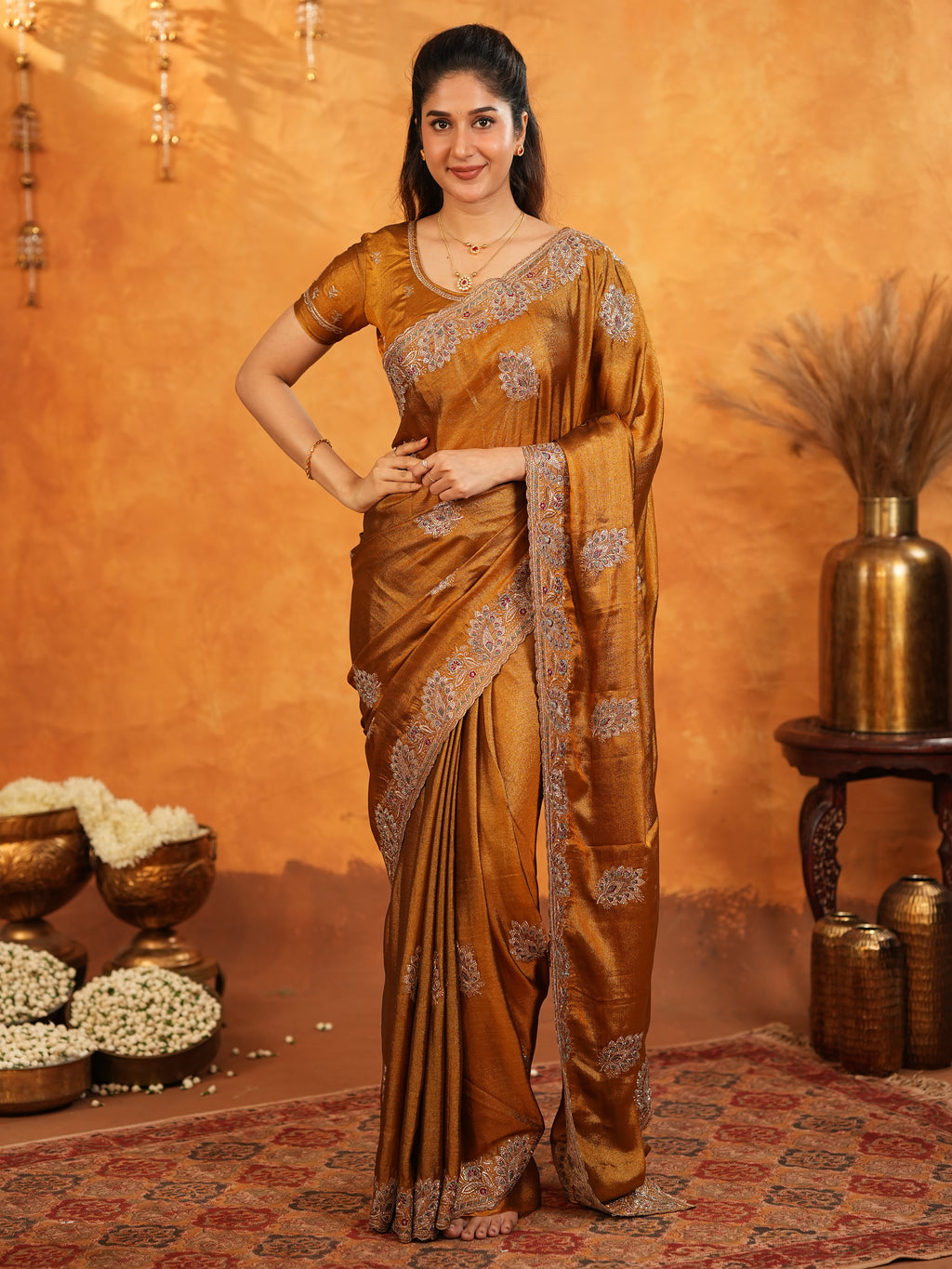 Antique Copper Brown Fendy Satin Embroidered Saree with Elegant Floral Border & Tassels | Designer Saree with Heavy Embroidered Blouse
