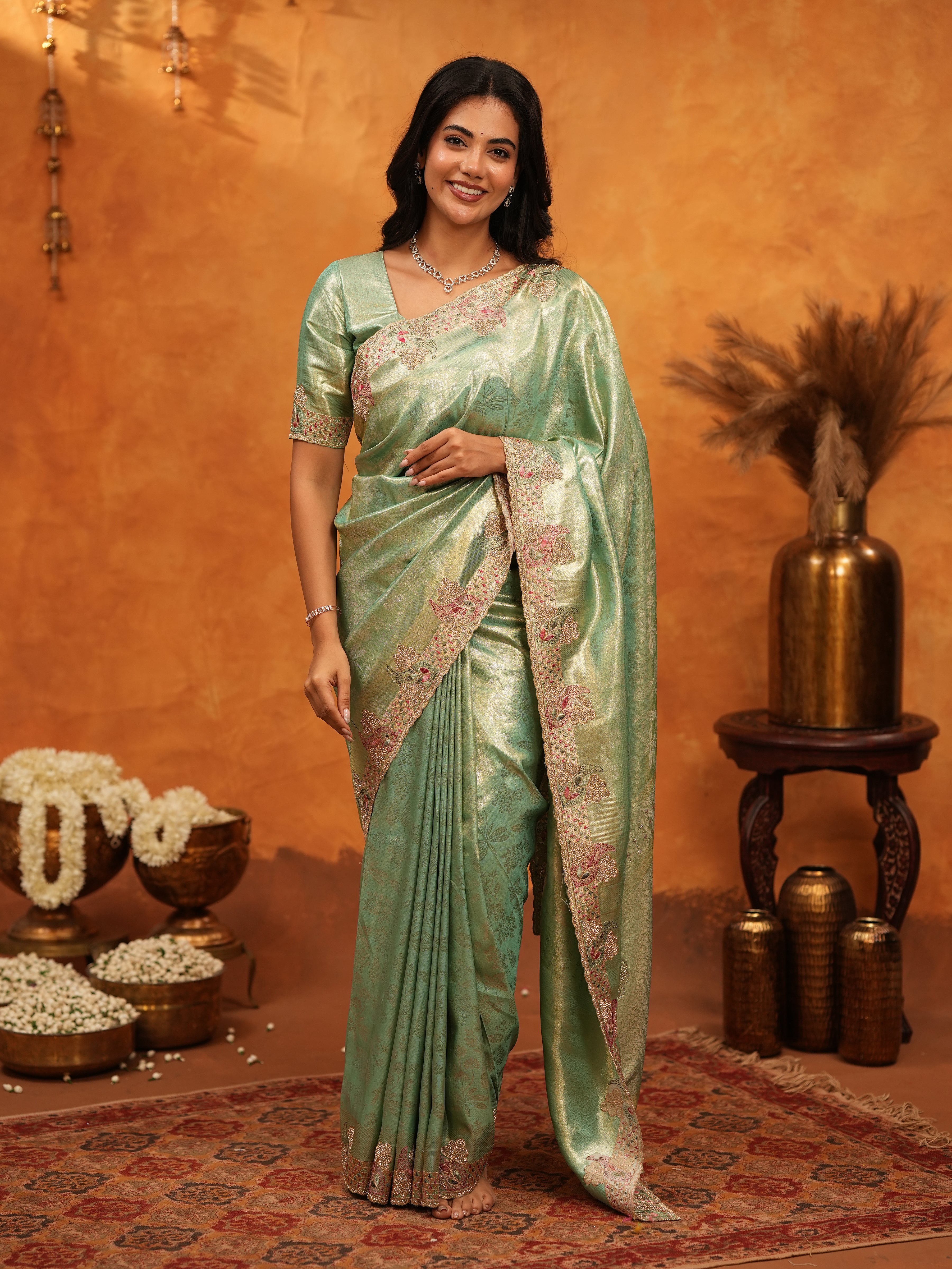 Elegant Mint Green Banarasi Silk Saree with Floral Embroidered Border & Zari Weaving | Designer Festive & Wedding Wear Saree