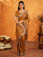 Antique Copper Brown Fendy Satin Embroidered Saree with Elegant Floral Border & Tassels | Designer Saree with Heavy Embroidered Blouse