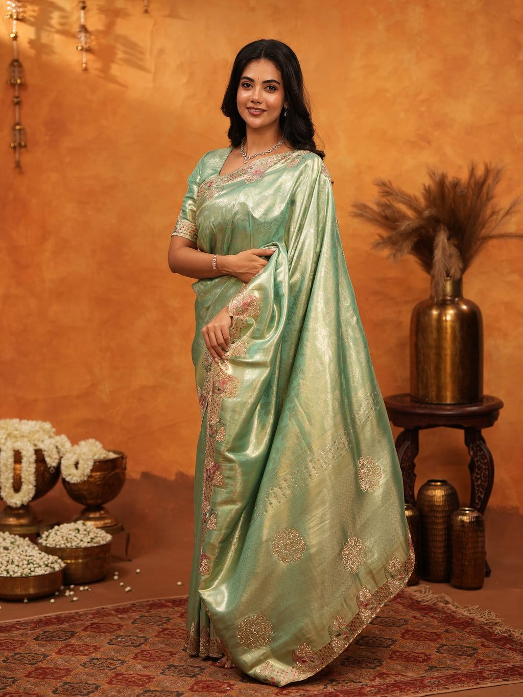 Elegant Mint Green Banarasi Silk Saree with Floral Embroidered Border & Zari Weaving | Designer Festive & Wedding Wear Saree