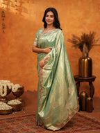 Elegant Mint Green Banarasi Silk Saree with Floral Embroidered Border & Zari Weaving | Designer Festive & Wedding Wear Saree