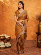 Antique Copper Brown Fendy Satin Embroidered Saree with Elegant Floral Border & Tassels | Designer Saree with Heavy Embroidered Blouse