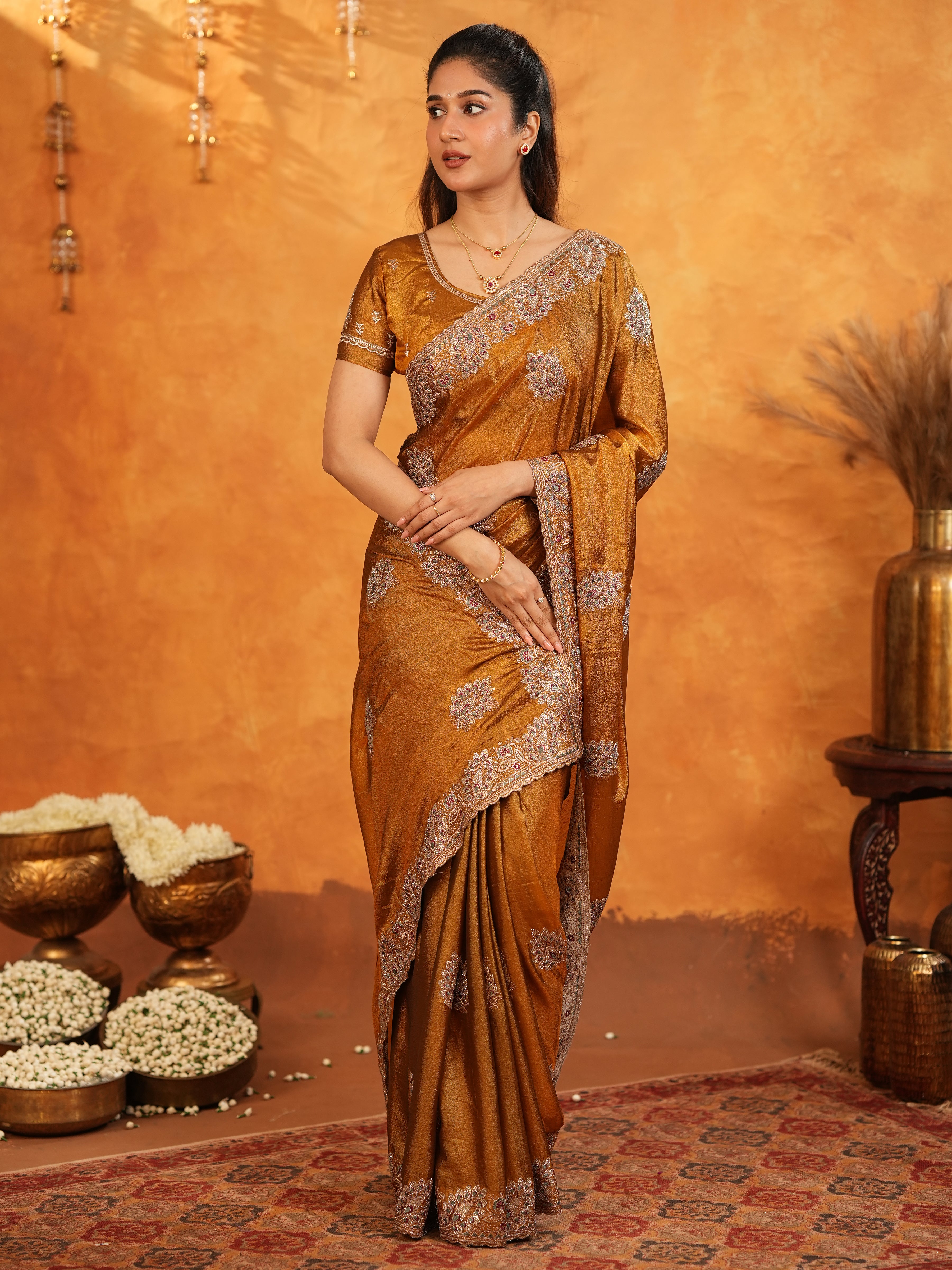 Antique Copper Brown Fendy Satin Embroidered Saree with Elegant Floral Border & Tassels | Designer Saree with Heavy Embroidered Blouse