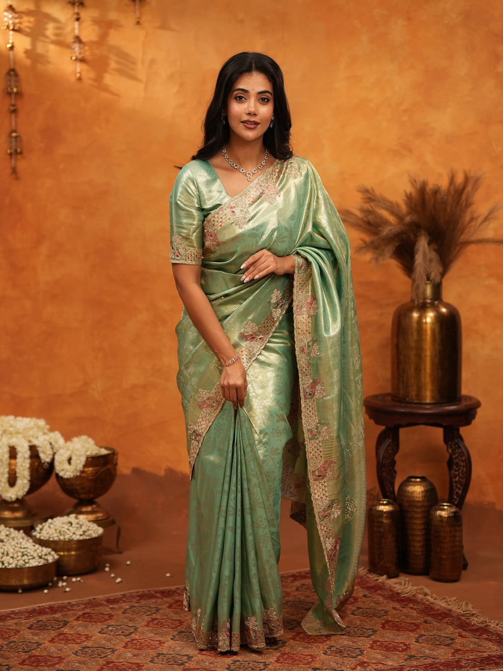 Elegant Mint Green Banarasi Silk Saree with Floral Embroidered Border & Zari Weaving | Designer Festive & Wedding Wear Saree