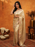Luxurious Champagne Gold Banarasi Silk Saree with Delicate Floral Embroidered Border & Zari Weaving | Premium Wedding & Festive Wear Saree