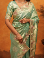 Elegant Mint Green Banarasi Silk Saree with Floral Embroidered Border & Zari Weaving | Designer Festive & Wedding Wear Saree