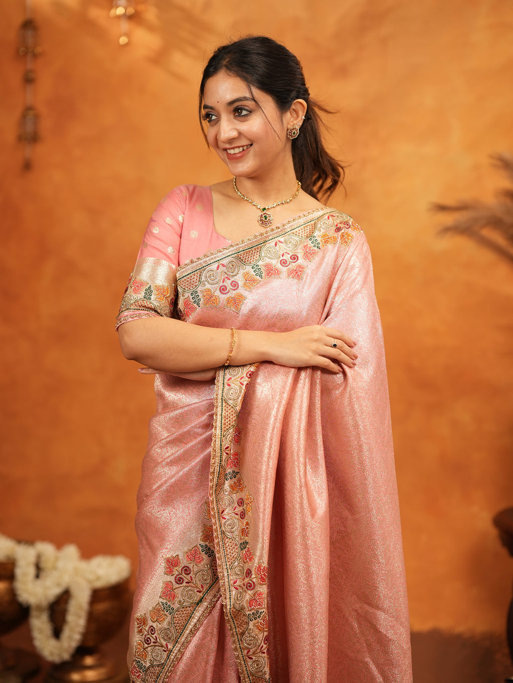 Blush Pink Banarasi Silk Embroidered Saree with Multicolor Floral Border & Zari Weaving | Heavy Embroidered Blouse with Tassels | Wedding & Festive Wear Saree