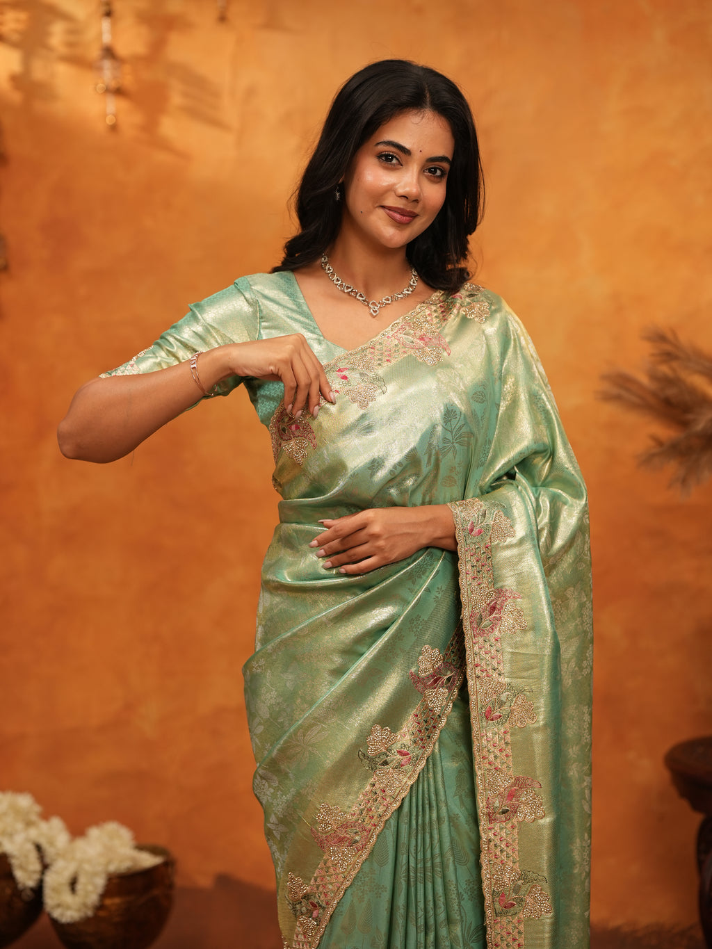Elegant Mint Green Banarasi Silk Saree with Floral Embroidered Border & Zari Weaving | Designer Festive & Wedding Wear Saree