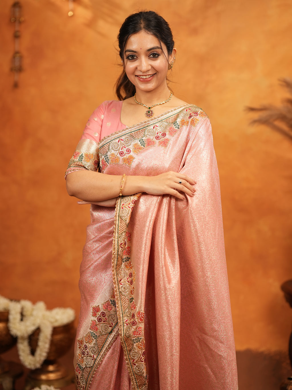 Blush Pink Banarasi Silk Embroidered Saree with Multicolor Floral Border & Zari Weaving | Heavy Embroidered Blouse with Tassels | Wedding & Festive Wear Saree