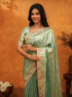 Elegant Mint Green Banarasi Silk Saree with Floral Embroidered Border & Zari Weaving | Designer Festive & Wedding Wear Saree
