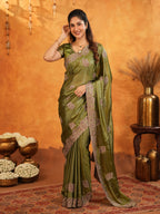 Olive Green Fendy Satin Embroidered Saree with Intricate Floral Border & Tassels | Designer Saree with Heavy Embroidered Blouse
