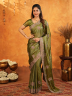 Olive Green Fendy Satin Embroidered Saree with Intricate Floral Border & Tassels | Designer Saree with Heavy Embroidered Blouse