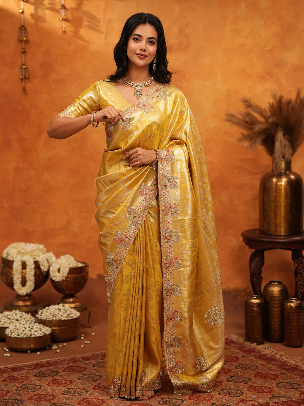 Rich Mustard Gold Banarasi Silk Saree with Elegant Floral Embroidered Border & Zari Weaving | Premium Festive Wedding Wear Saree